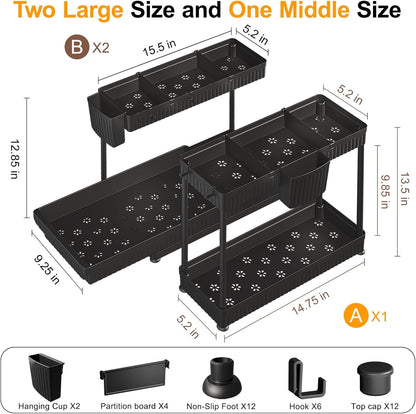 3-Pack Multi-Purpose Pull-Out Storage Organizers, 2-Tier L-Shaped Under Sink and Cabinet Organizers for Bathroom and Kitchen, Black, 12.85 Inches
