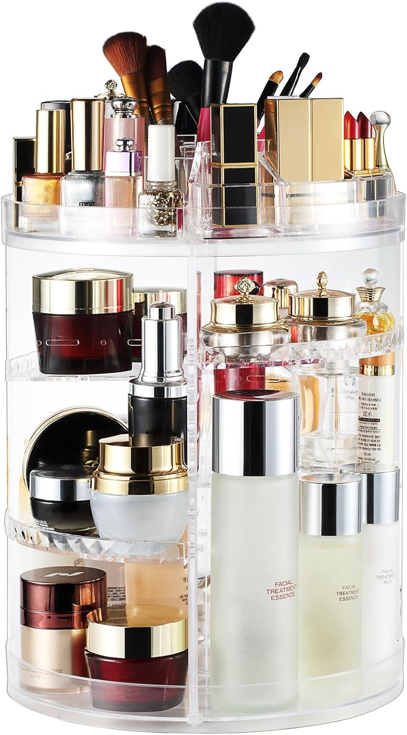 360-Degree Rotating Adjustable Makeup Organizer with 8 Layers for Cosmetics, Brushes, and Lipsticks - Clear Storage Display Case