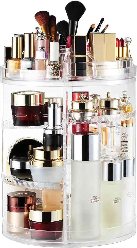 360-Degree Rotating Adjustable Makeup Organizer with 8 Layers for Cosmetics, Brushes, and Lipsticks - Clear Storage Display Case