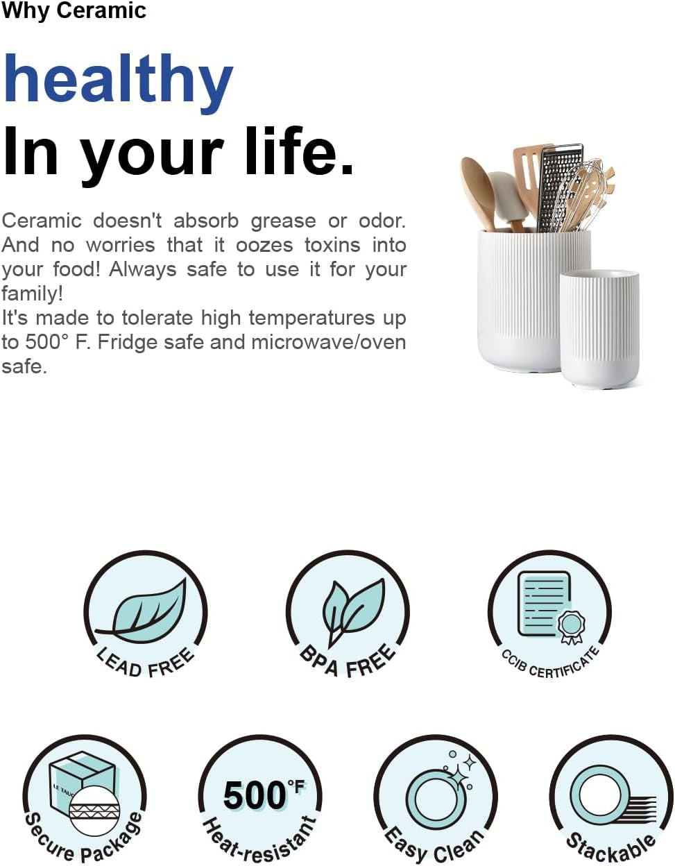 Utensil Holder for Kitchen Counter, 7.3"+5.4" Fluted Ceramic Utensil Crock Organizer for Countertop, Heavy Large Holder for Spatulas, Spoons, Set of 2, White, Kitchen Counter Decor