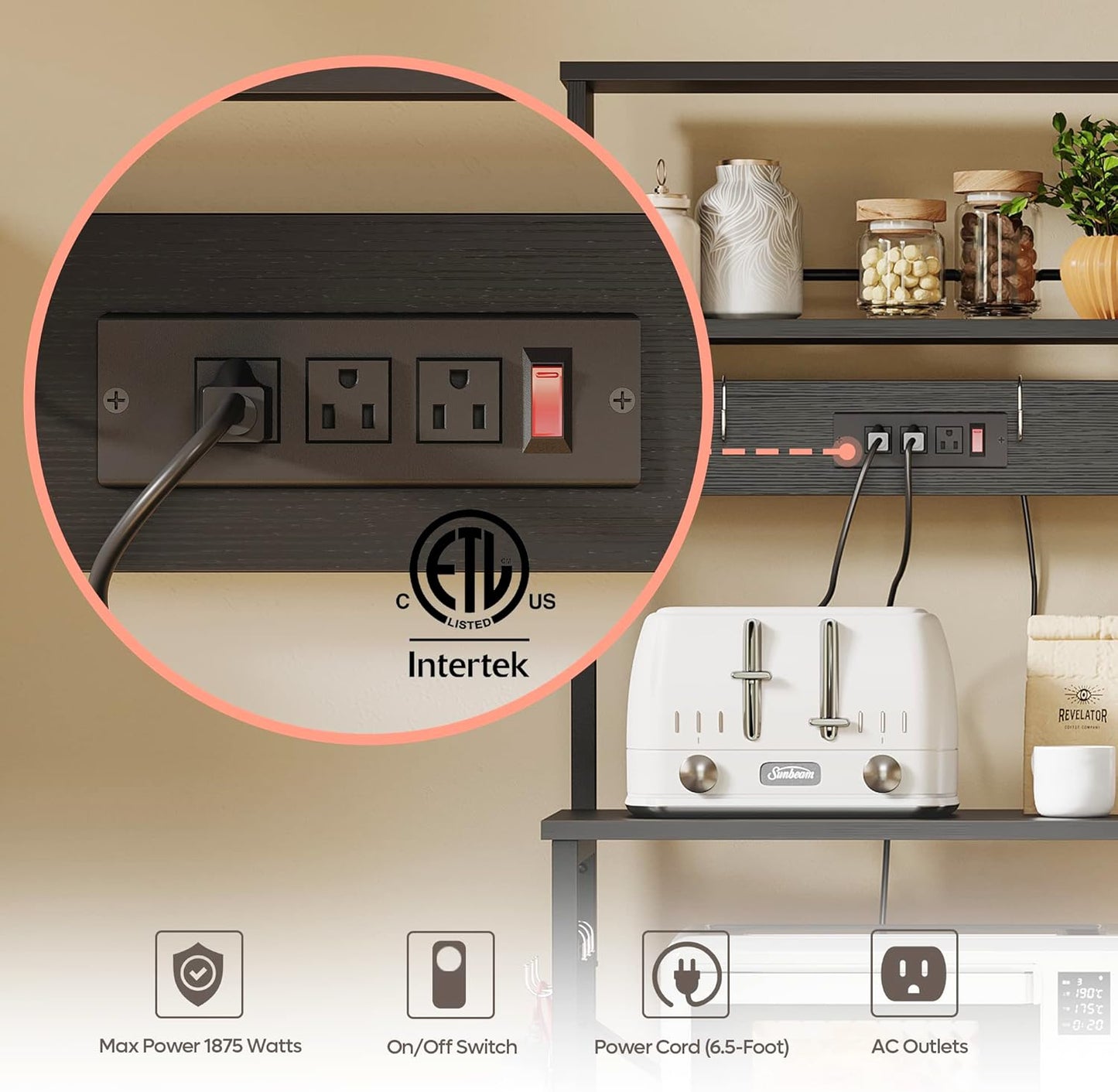 Bakers Rack with Power Outlet, Coffee Bar Table with Storage 5 Tiers, Standing Microwave Stand with 8 S-Shaped Hooks, Kitchen Storage Shelf Rack for Spices | Standing Microwave Stand with 8 S-Shaped Hooks, Kitchen Storage Shelf Rack for Spices