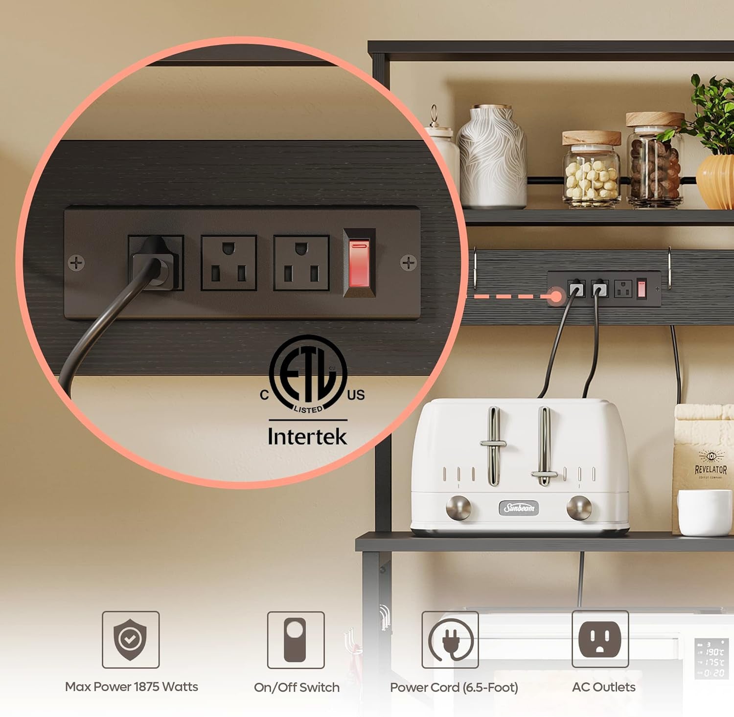Bakers Rack with Power Outlet, Coffee Bar Table with Storage 5 Tiers, Standing Microwave Stand with 8 S-Shaped Hooks, Kitchen Storage Shelf Rack for Spices | Standing Microwave Stand with 8 S-Shaped Hooks, Kitchen Storage Shelf Rack for Spices