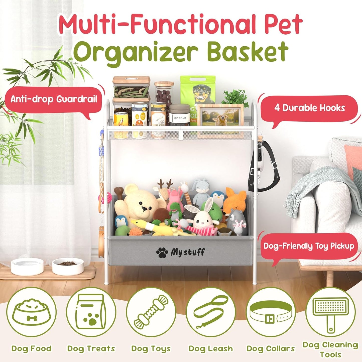 Large Dog Toy Basket, Toy Box for Dogs, Pet Toys Bin Dog Metal Wire Basket for Toys, Food Storage, Storage Organizer Chest Storage, Toy Box for Living Room Area (White)