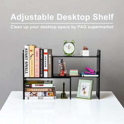 Desk Organizer Desktop Shelf Adjustable Countertop Bookshelf Small Table Shelves Book Organizer Office Organization for Desk, Black