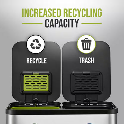 16 Gal. Dual Compartment Step-On Kitchen Trash Can and Indoor Recycling Bin with Soft-Close Lids, Stainless Steel