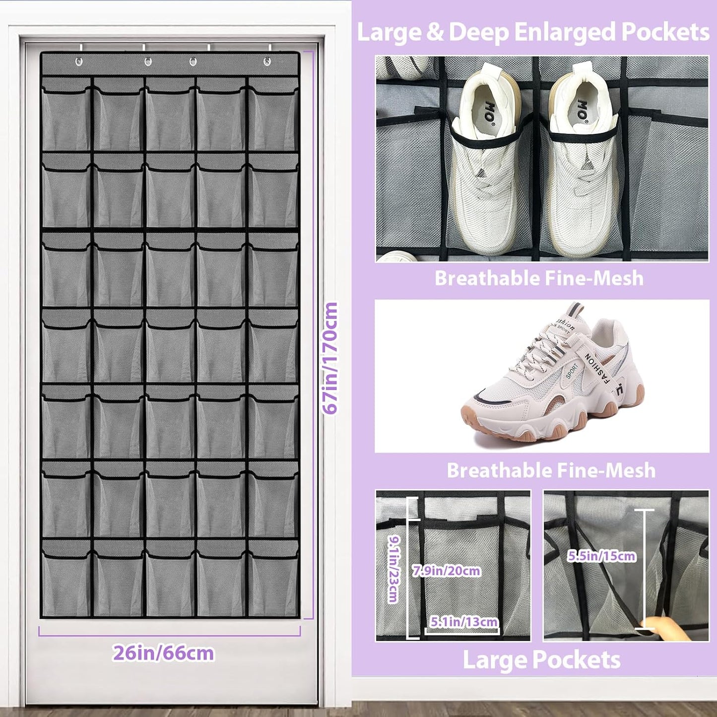 35 Large Pockets over the Door Shoe Organizer, Extra Sturdy Oxford Fabric Hanging Shoe Rack for Door Closet, Wall Mesh Shoe Storage Holder for Mens Women Shoes (Grey)