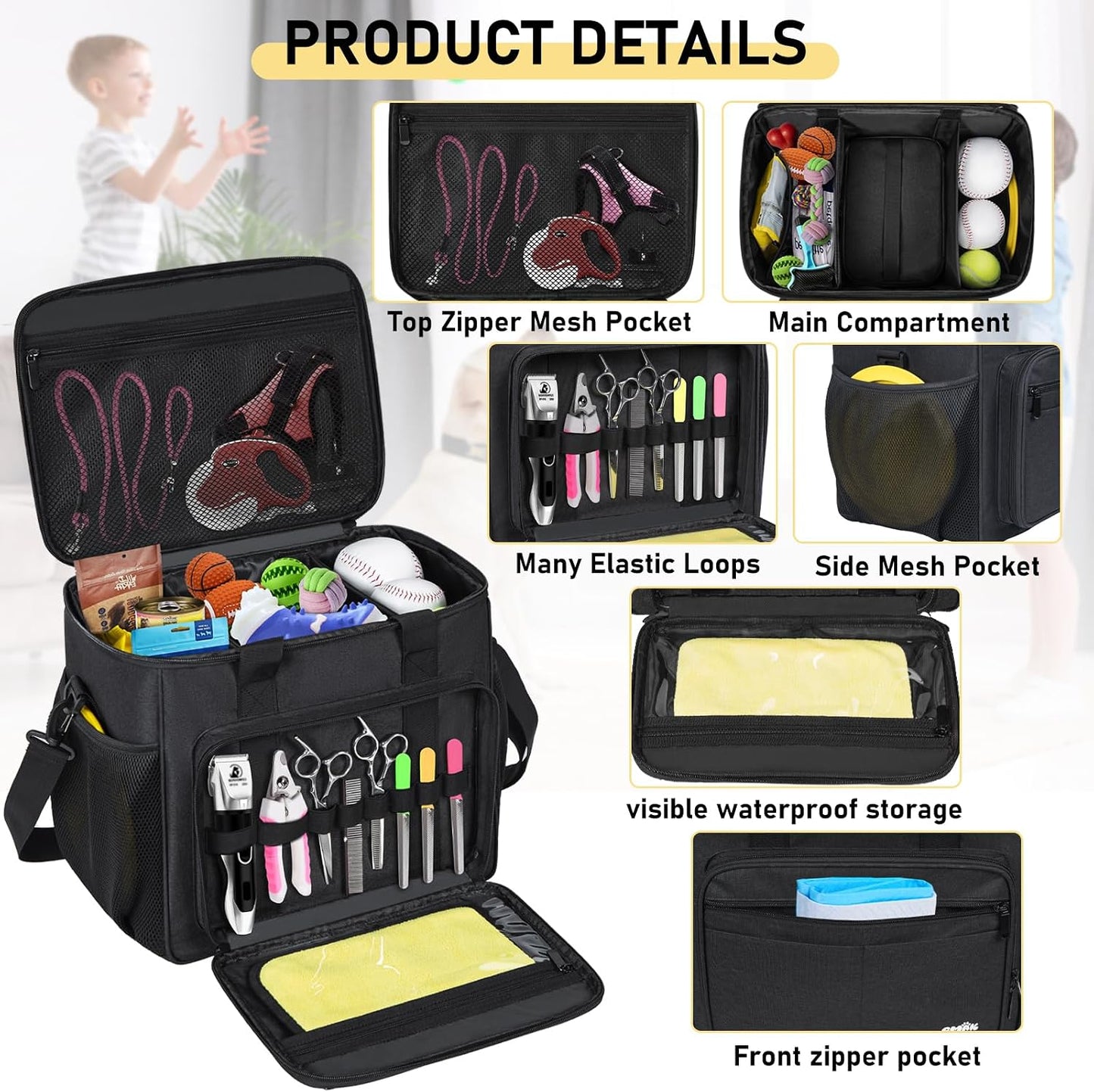 Large Pet Grooming Bag, Dog Grooming Tote Bags Supplies Organizer Case Pets Tools Organizer Tote for Dog Cat Grooming Tool Kit and Accessories, Black(Bag Only)