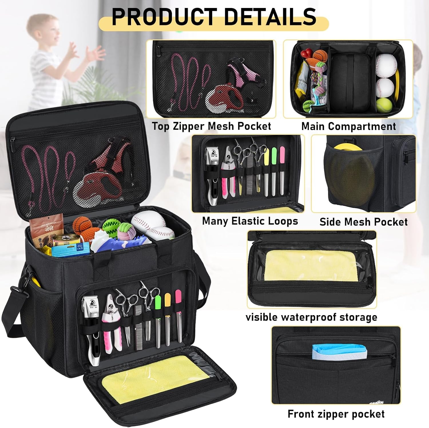 Large Pet Grooming Bag, Dog Grooming Tote Bags Supplies Organizer Case Pets Tools Organizer Tote for Dog Cat Grooming Tool Kit and Accessories, Black(Bag Only)