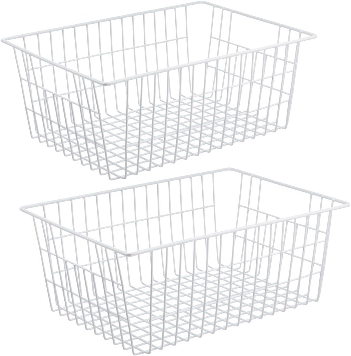 Wire Storage Freezer Baskets, Set of 2 - 13.4" Household Organizer Storage Bins with Handles for Kitchen Cabinets, Pantry, Office, and Bathroom Organization - White