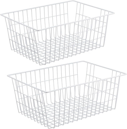 Wire Storage Freezer Baskets, Set of 2 - 13.4" Household Organizer Storage Bins with Handles for Kitchen Cabinets, Pantry, Office, and Bathroom Organization - White