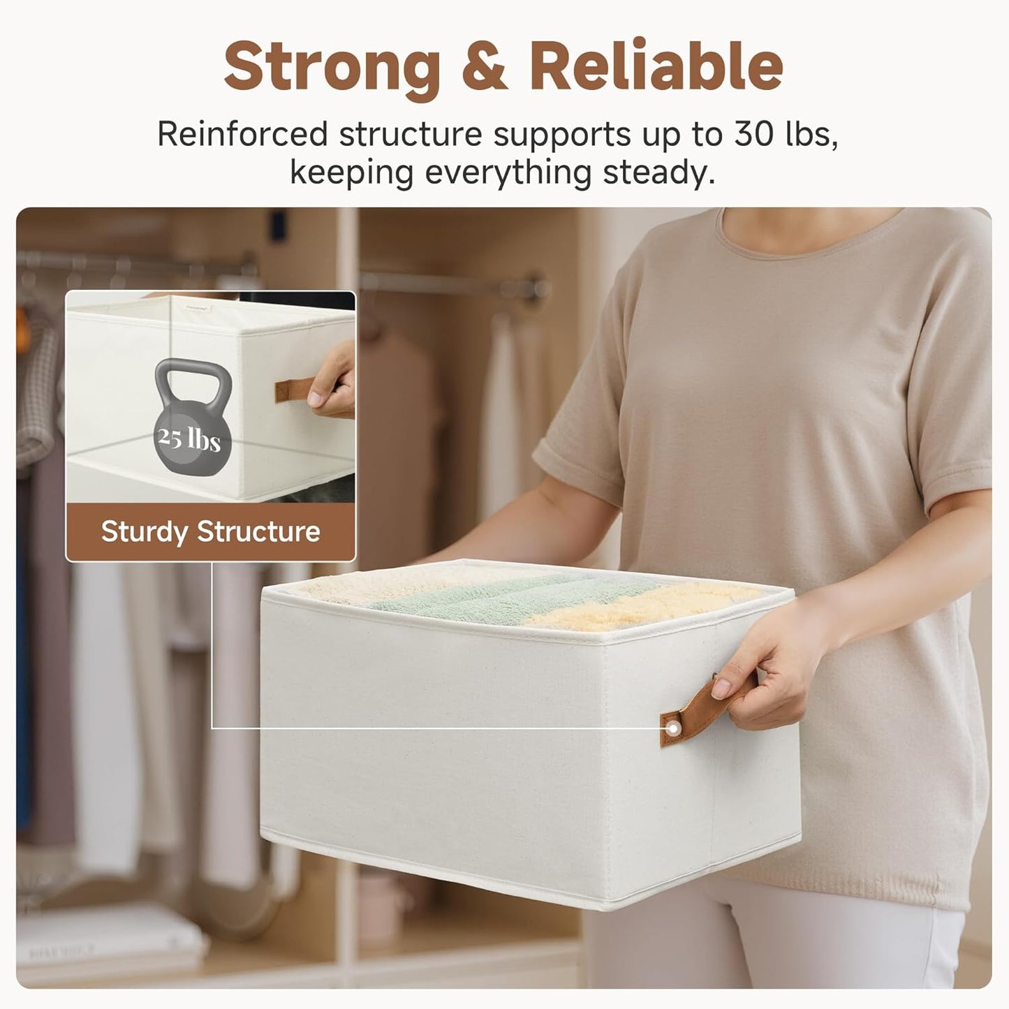 Closet Organizers and Storage Bins, Foldable Shelf Baskets, Clothes Storage Basket for Organization, Ivory White, 3-Pack, Large