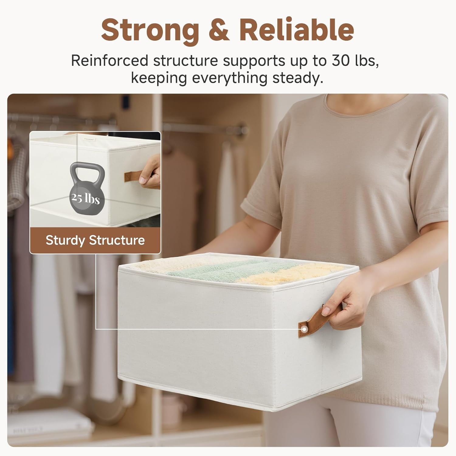 Closet Organizers and Storage Bins, Foldable Shelf Baskets, Clothes Storage Basket for Organization, Ivory White, 3-Pack, Large