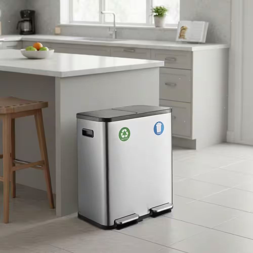 16 Gal. Dual Compartment Step-On Kitchen Trash Can and Indoor Recycling Bin with Soft-Close Lids, Stainless Steel