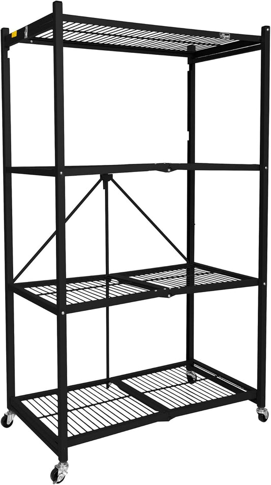 R5 4-Shelf Heavy-Duty Folding Storage Rack, Black – Large Foldable Metal Shelving Unit with Wheels for Garage, Pantry, Basement, Laundry Room or Warehouse