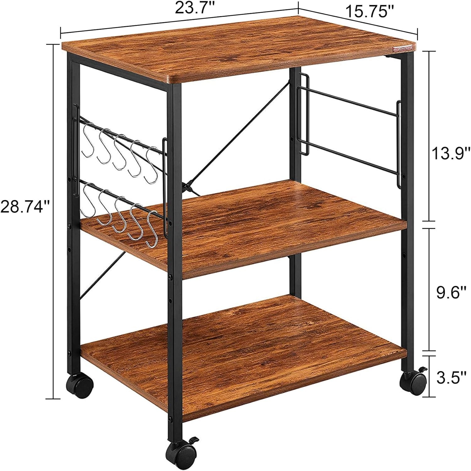 Microwave Cart 23.7'' for Small Space, 3-Tier Microwave Stand Coffee Cart Rolling Kitchen Utility Cart on Wheels, Vintage