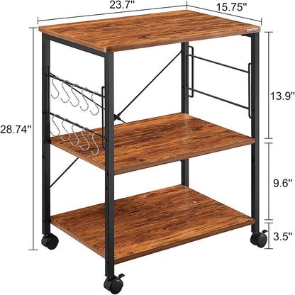 Microwave Cart 23.7'' for Small Space, 3-Tier Microwave Stand Coffee Cart Rolling Kitchen Utility Cart on Wheels, Vintage