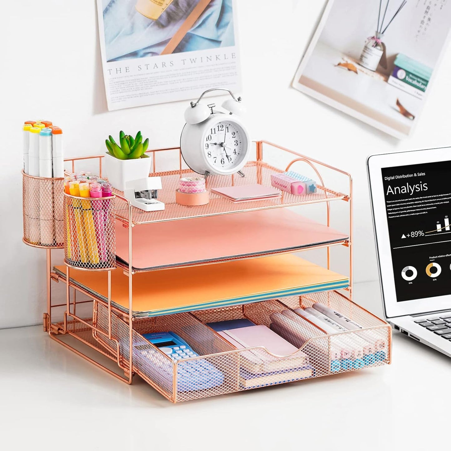 Stylish 4-Tier Rose Gold Desk Organizer with Drawer and Pen Holders - Perfect for Home, Office, and School