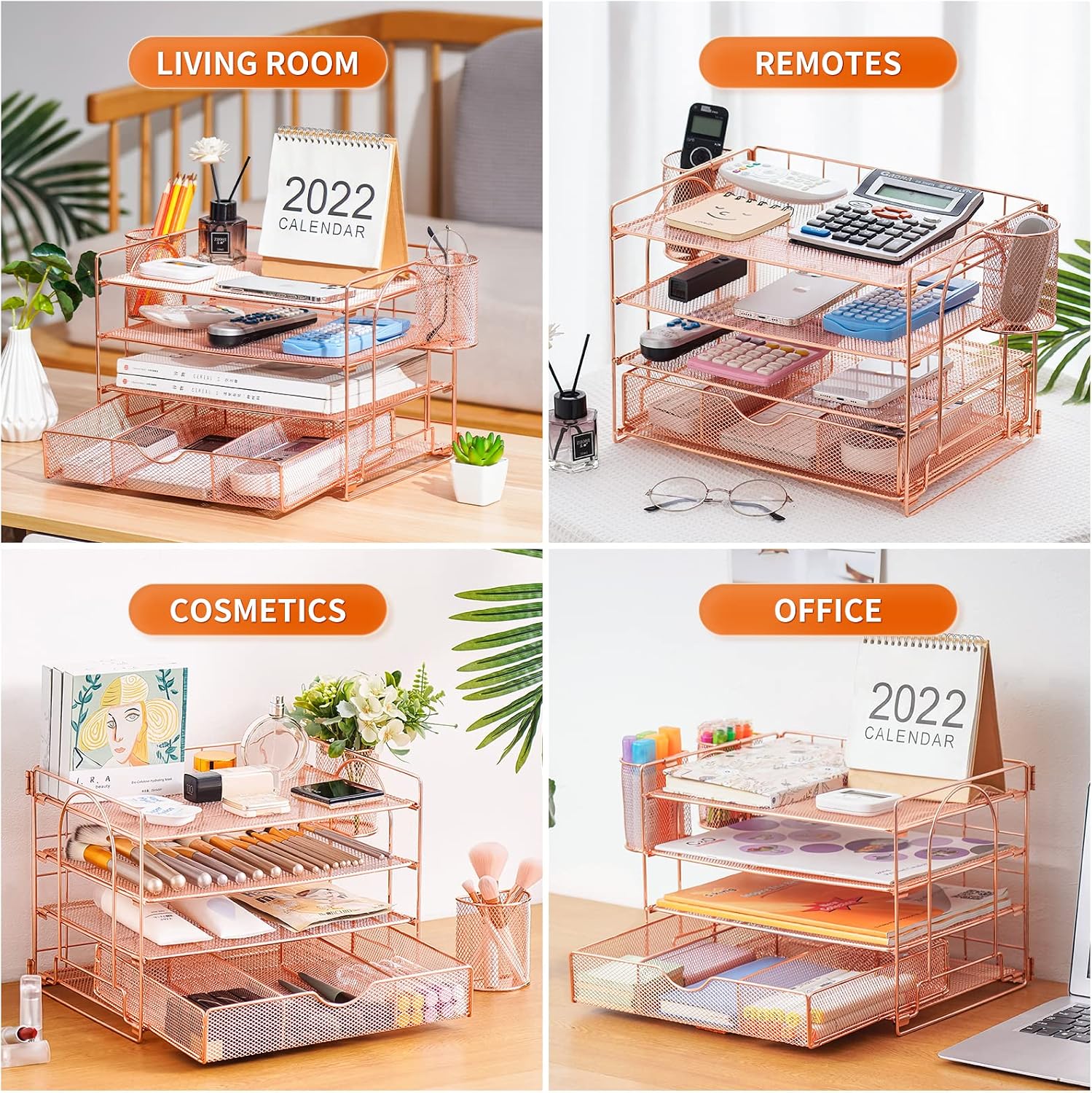 Stylish 4-Tier Rose Gold Desk Organizer with Drawer and Pen Holders - Perfect for Home, Office, and School