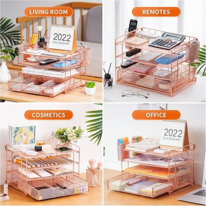 Stylish 4-Tier Rose Gold Desk Organizer with Drawer and Pen Holders - Perfect for Home, Office, and School