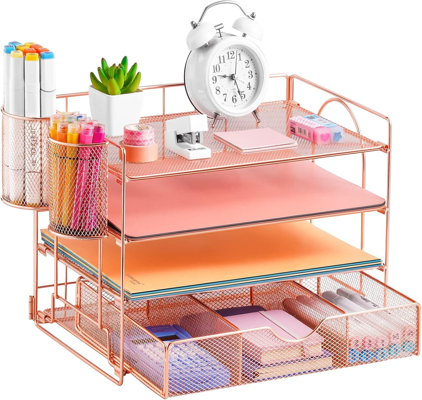 Stylish 4-Tier Rose Gold Desk Organizer with Drawer and Pen Holders - Perfect for Home, Office, and School