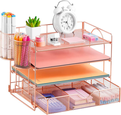 Stylish 4-Tier Rose Gold Desk Organizer with Drawer and Pen Holders - Perfect for Home, Office, and School
