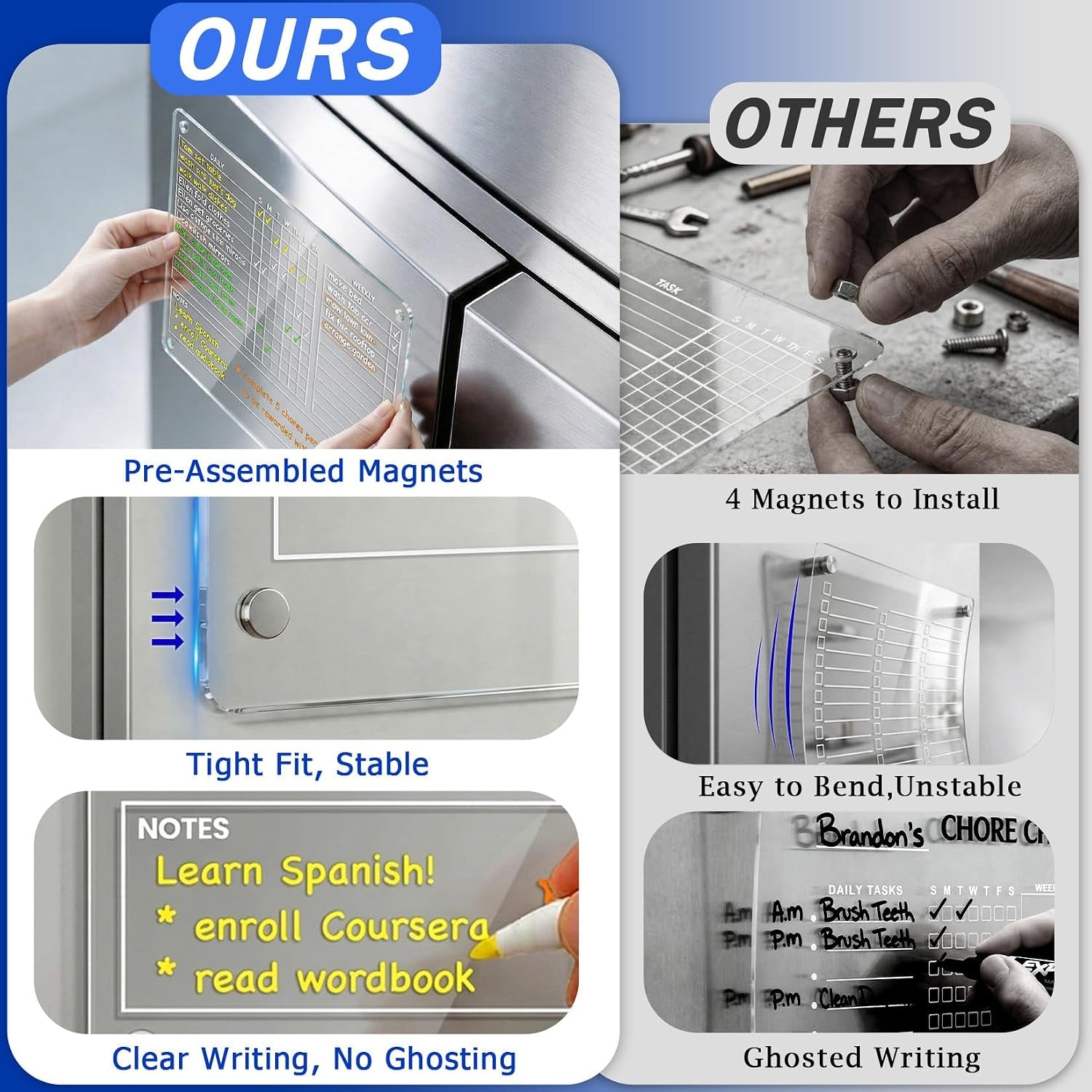 Acrylic Magnetic Chore Chart for Adults, 12X9.5 in Fridge Board | Clear Dry Erase Checklist with Daily, Weekly and Notes; Fits Curved Doors; Embedded Magnets; 8 Wet-Erase Markers and Towel
