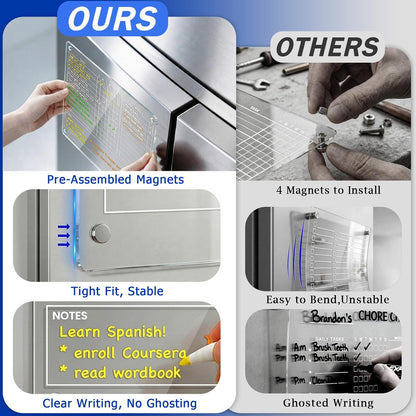 Acrylic Magnetic Chore Chart for Adults, 12X9.5 in Fridge Board | Clear Dry Erase Checklist with Daily, Weekly and Notes; Fits Curved Doors; Embedded Magnets; 8 Wet-Erase Markers and Towel