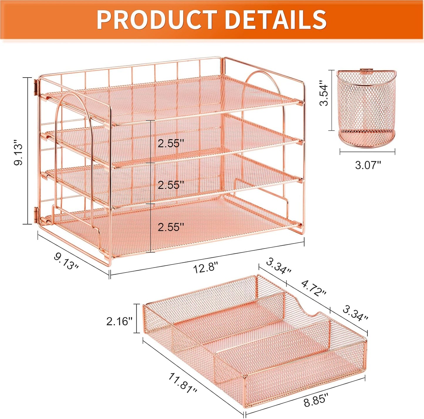 Stylish 4-Tier Rose Gold Desk Organizer with Drawer and Pen Holders - Perfect for Home, Office, and School