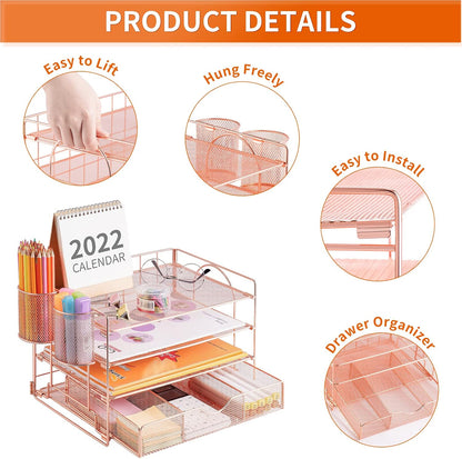 Stylish 4-Tier Rose Gold Desk Organizer with Drawer and Pen Holders - Perfect for Home, Office, and School