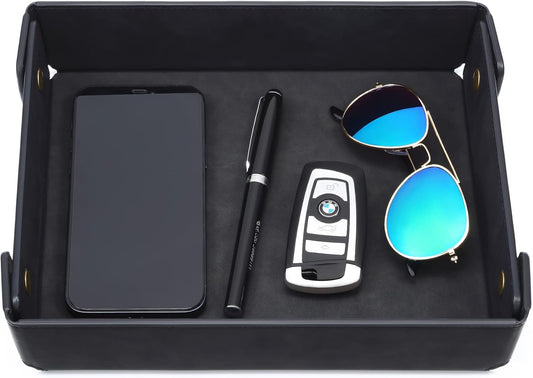Faux Leather Valet Tray Organizer for Men - Catch-All Tray for Entryway Table Key, Wallet, Watch, Coin Change, Phone, Dresser EDC Dump Jewelry, Bedside Nightstand Desk-Top