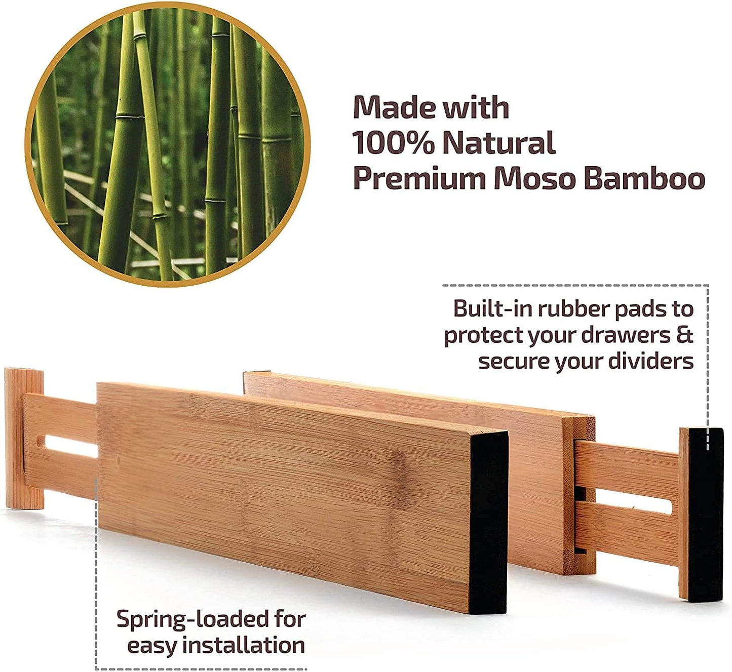 6-Pack Bamboo Drawer Dividers - 2.6 in High, Adjustable 16 to 22 in Expandable Drawer Organizers and Dresser Separators for Clothes, Bedroom, Bathroom, Kitchen, and Office Organization and Storage