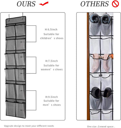 over the Door Shoe Organizer 2 Pack,Mesh Pockets Hanging Shoe Rack over the Door,Shoe Storage Closet with 4 Hooks,Washable and Breathable Fabic,Large Size 57.5×12.6Inch(Grey)