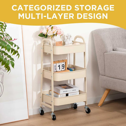 3 Tier Utility Rolling Cart with Lockable Wheels, Metal Multifunctional Storage, Organizer Cart for Kitchen, Office, Living Room, Makeup, Craft, Art Studio, Beige
