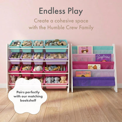 Toy Storage Organizer with 16 Removable Storage Bins for Kids Playroom, 4-Tier Toddler Toy Organization, White/Blue/Pink/Purple