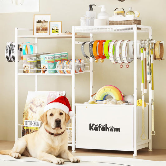 Dog Toy Basket with Collar Leash Holder Hooks, Large Pet Bin, Dog Toy Box for Living Room Area, Cat Stuff Storage Organizer with Cabinet and Can Dispenser, Great Gifts for Pet Lovers