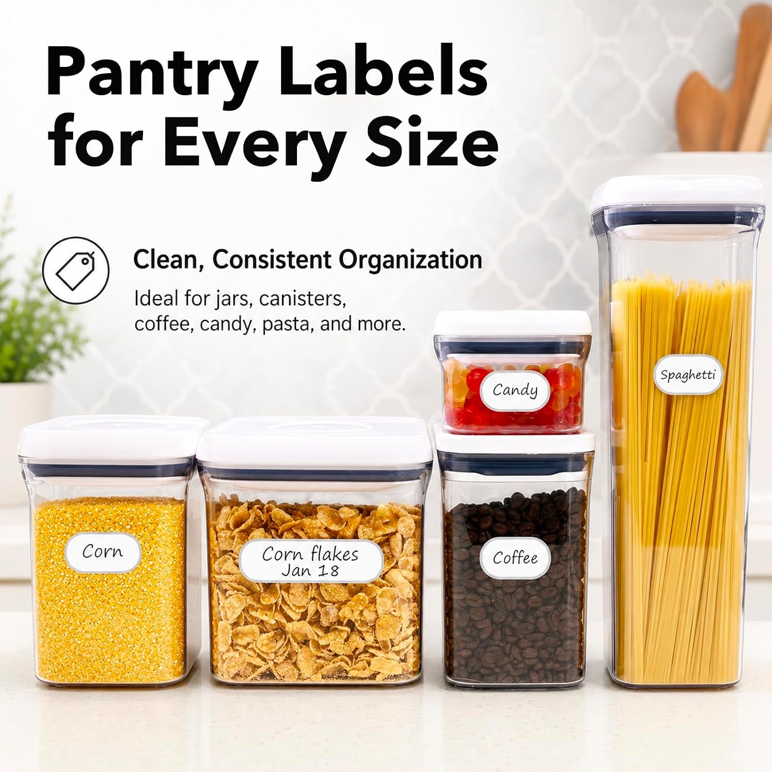 Waterproof Kitchen Labels for OXO POP Containers, 64-Pack, 2 Sizes | Removable Writable Food Storage Stickers, Tear-Resistant Pantry Organization Decals for Plastic and Glass Jars