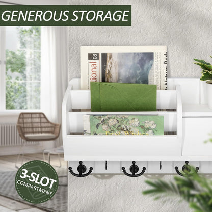 Key Holder Wall Mount and Mail Organizer : Farmhouse Key and Mail Holder for Wall with Drawer and 7 Key Hooks - Decorative Home Organization for Wall Decor Aesthetic (White)