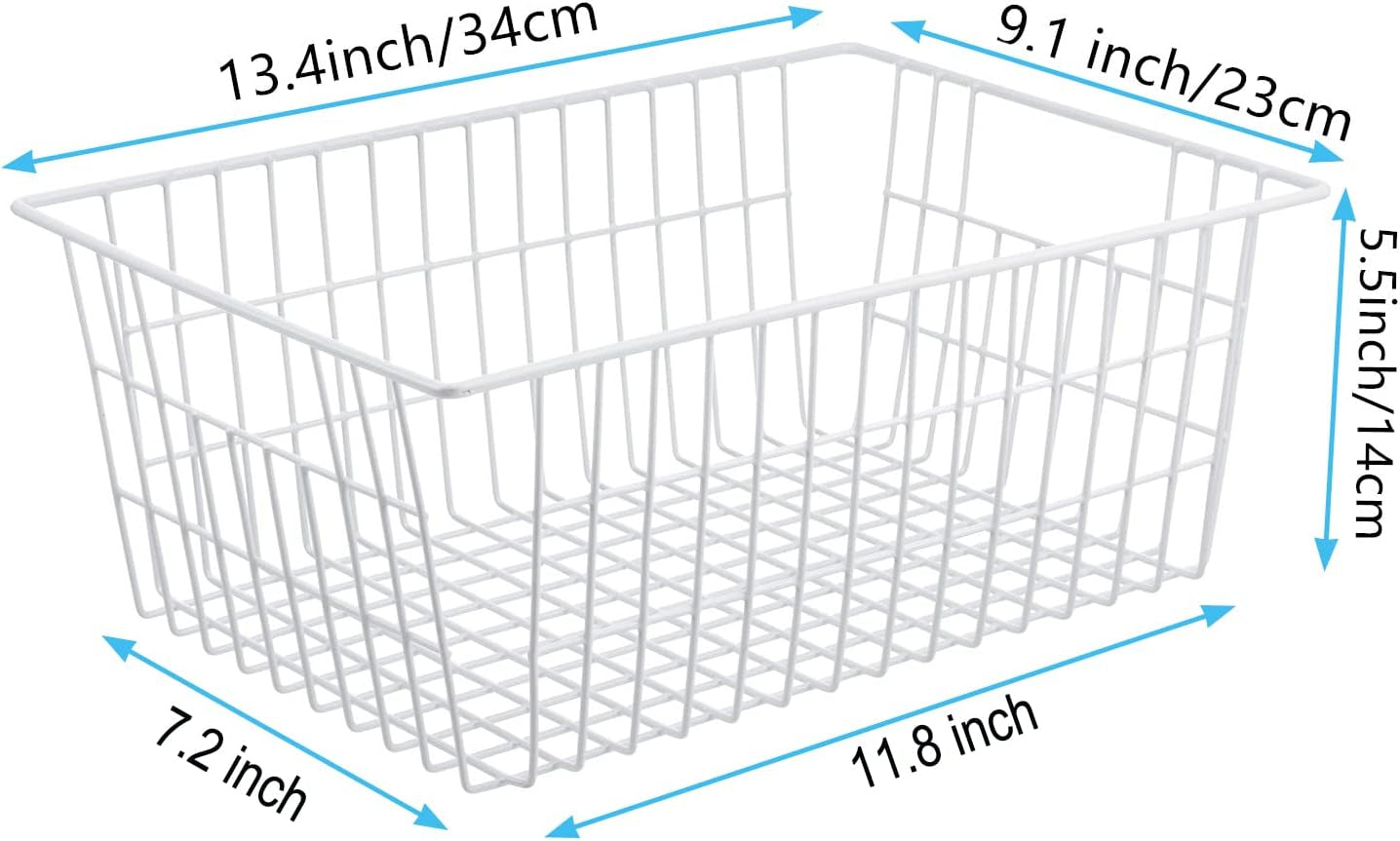 Wire Storage Freezer Baskets, Set of 2 - 13.4" Household Organizer Storage Bins with Handles for Kitchen Cabinets, Pantry, Office, and Bathroom Organization - White