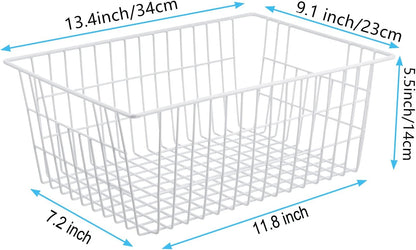 Wire Storage Freezer Baskets, Set of 2 - 13.4" Household Organizer Storage Bins with Handles for Kitchen Cabinets, Pantry, Office, and Bathroom Organization - White