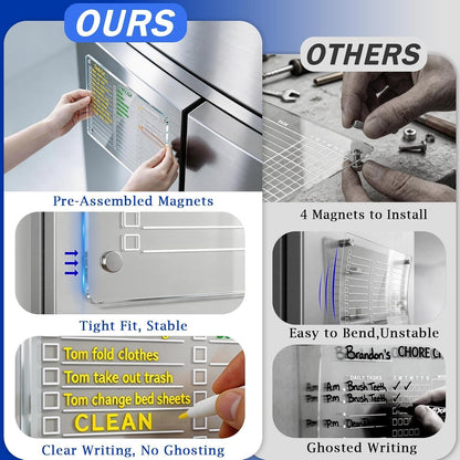 Acrylic Magnetic to Do List Whiteboard for Fridge, 12X9.5 Inch | 3 Columns Clear Dry Erase Board for Tasks and Notes; Fits Curved Doors; Embedded Magnets; 8 Wet-Erase Markers and Towel