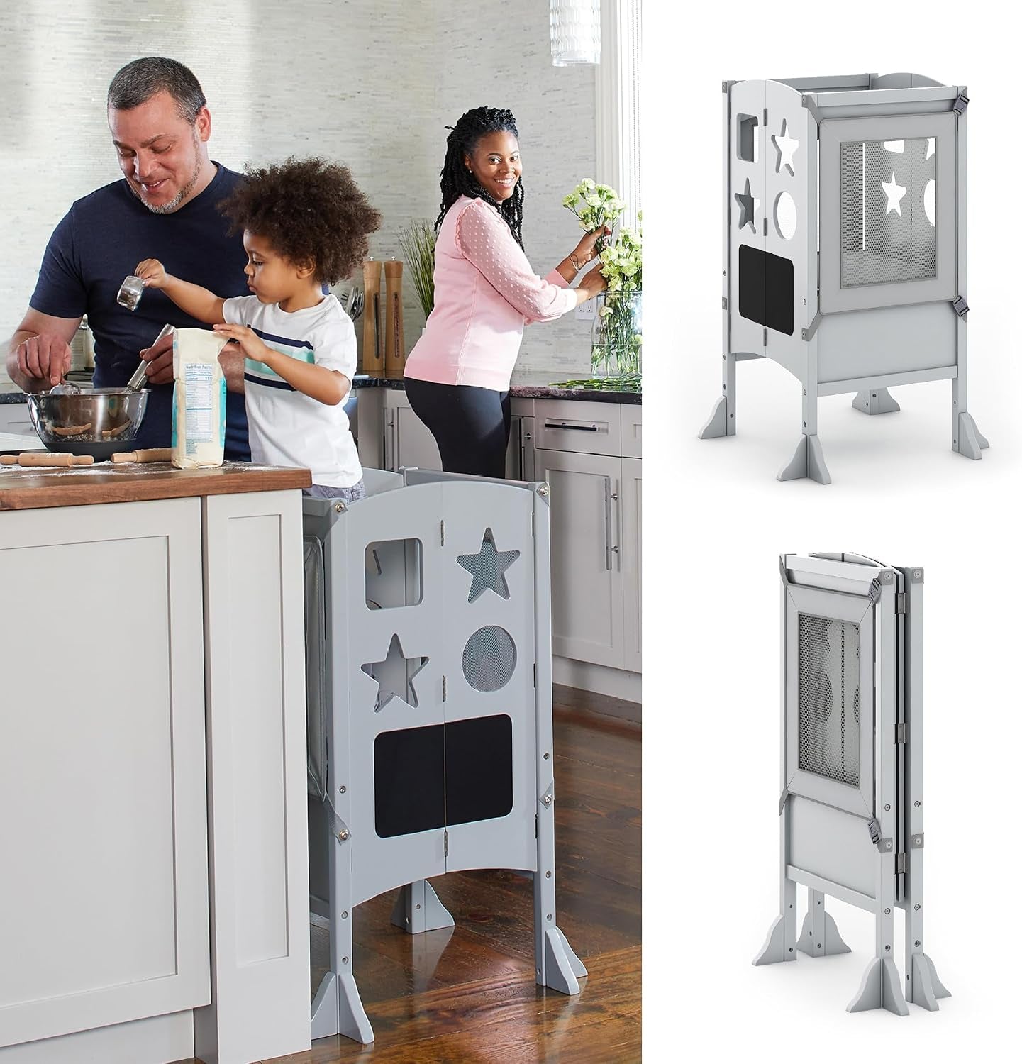 Guidecraft Classic Kitchen Helper® Toddler Tower - Gray: Folding, Adjustable Height, Learning Step Stool for Kids, W/Chalkboard | Montessori Collapsible Safety Non-Slip Platform