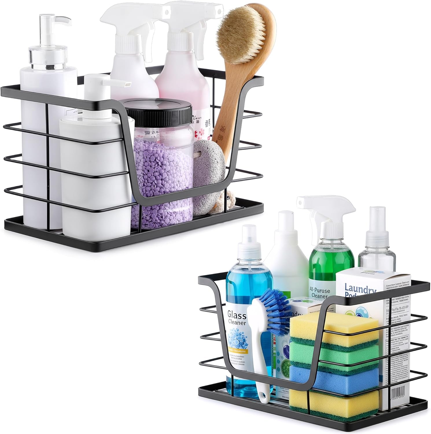2 Pack Storage Stackable Kitchen Laundry Organizers with Bamboo Top, Large Trash Bag Holder and Small Garbage Bag Dispenser for Countertop Organization