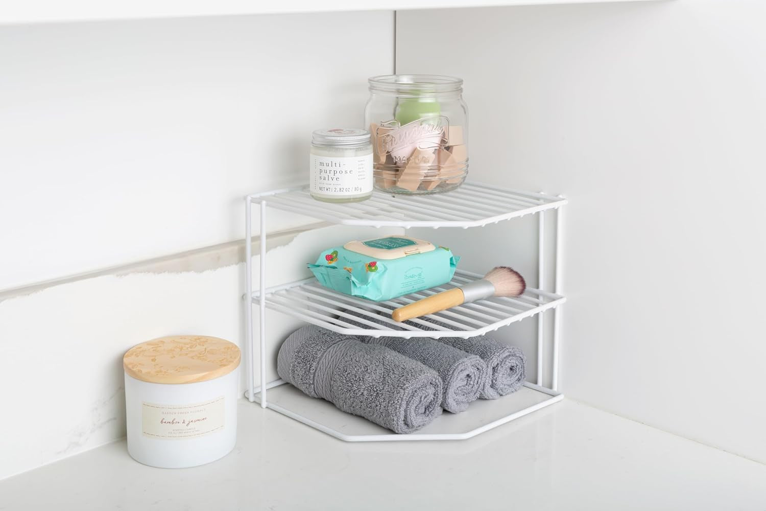 3-Tier Corner Kitchen Shelf Rack - Rust-Resistant Steel Wire Organizer for Plates and Dishes - Ideal for Cabinets and Pantries (9 x 8 Inches) [White]