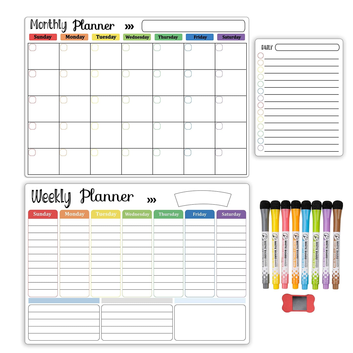 Dry Erase Whiteboard. Magnetic Dry Erase Calendar Board for Fridge Includes 8 Markers - Weekly Meal Planner Whiteboard, Grocery List and Notepad for Kitchen Refrigerator