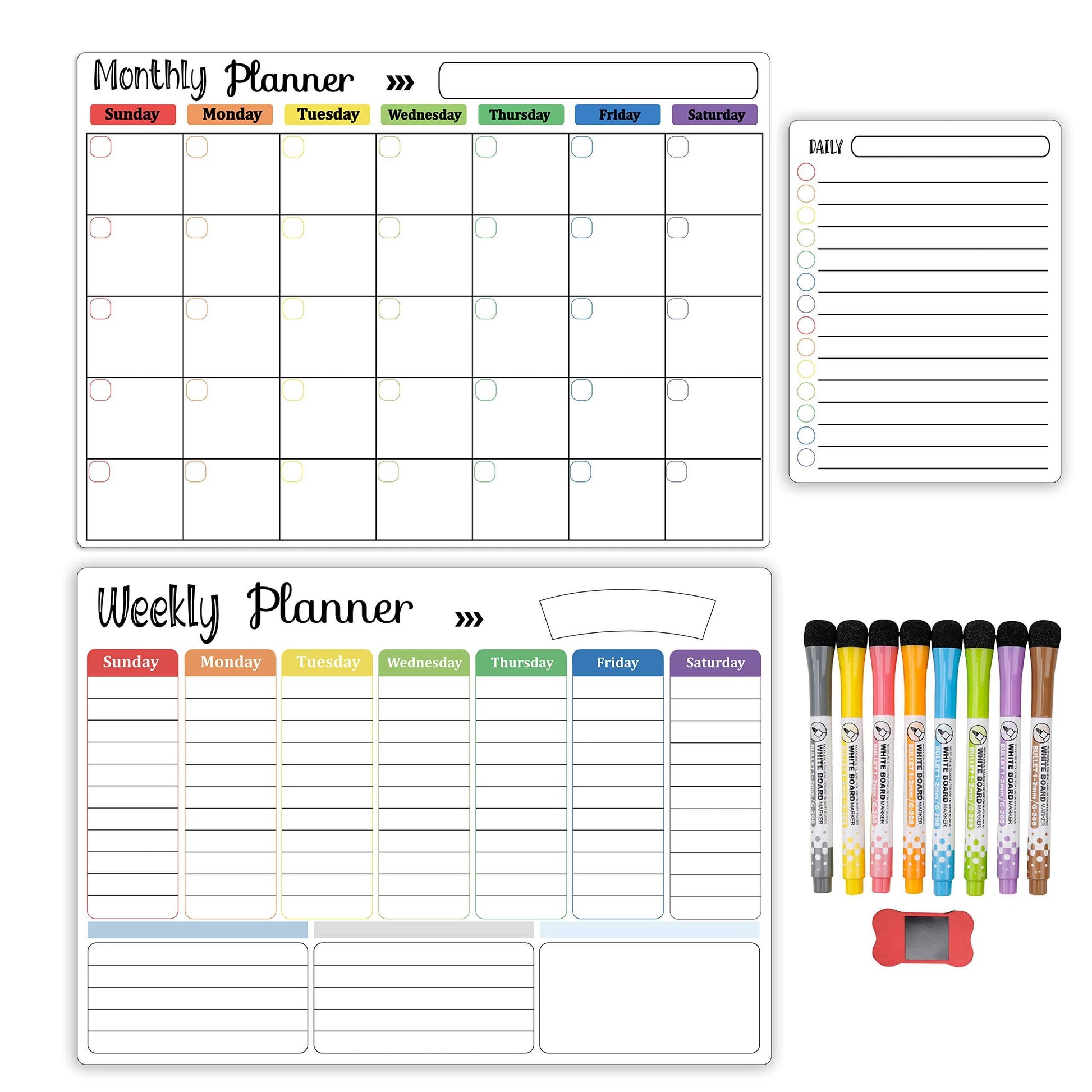 Dry Erase Whiteboard. Magnetic Dry Erase Calendar Board for Fridge Includes 8 Markers - Weekly Meal Planner Whiteboard, Grocery List and Notepad for Kitchen Refrigerator