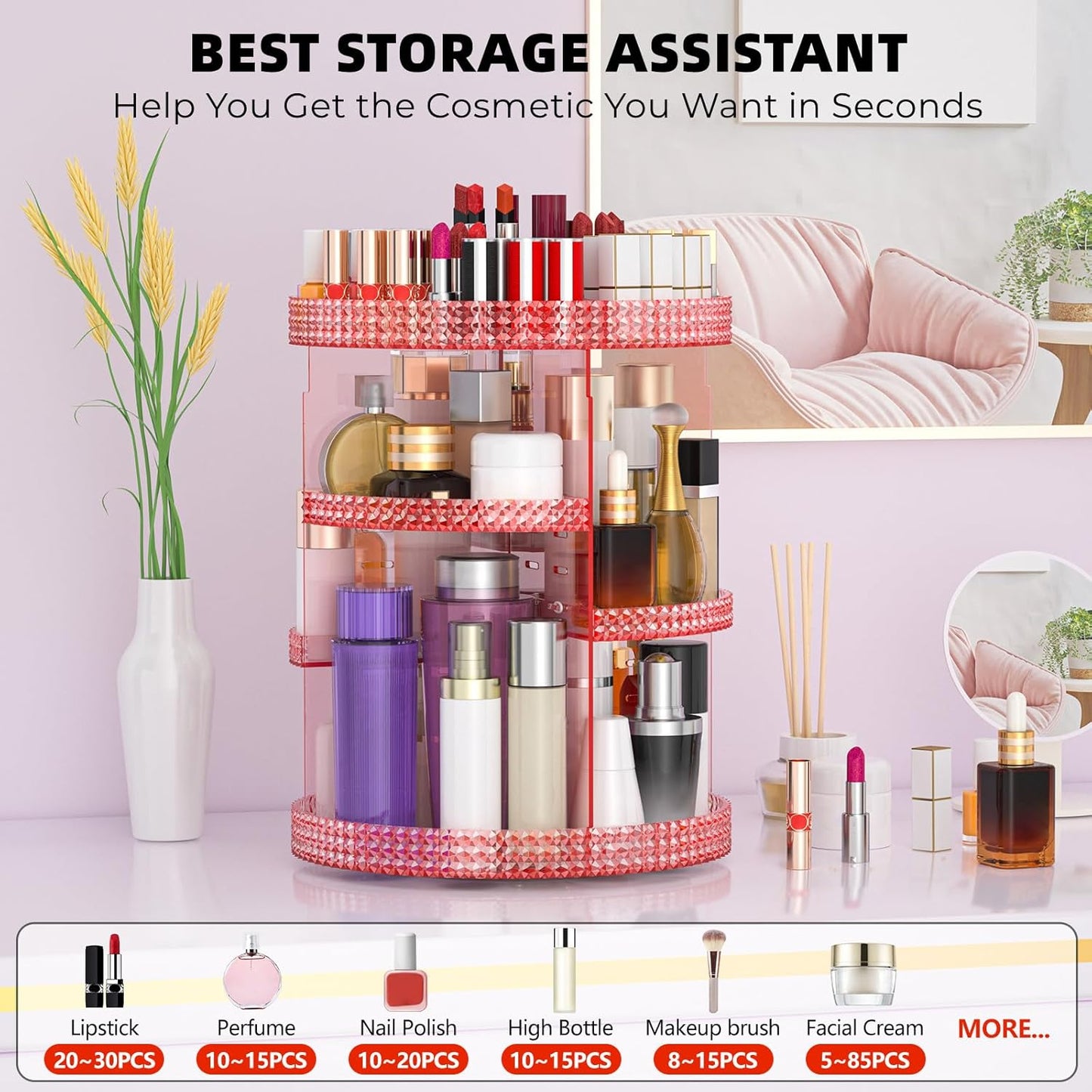 360-Degree Rotating Makeup Organizer with Extra Large Capacity, Removable 7-Layer Cosmetics Storage for Countertop - Ideal for Skincare and Perfume (Pink)