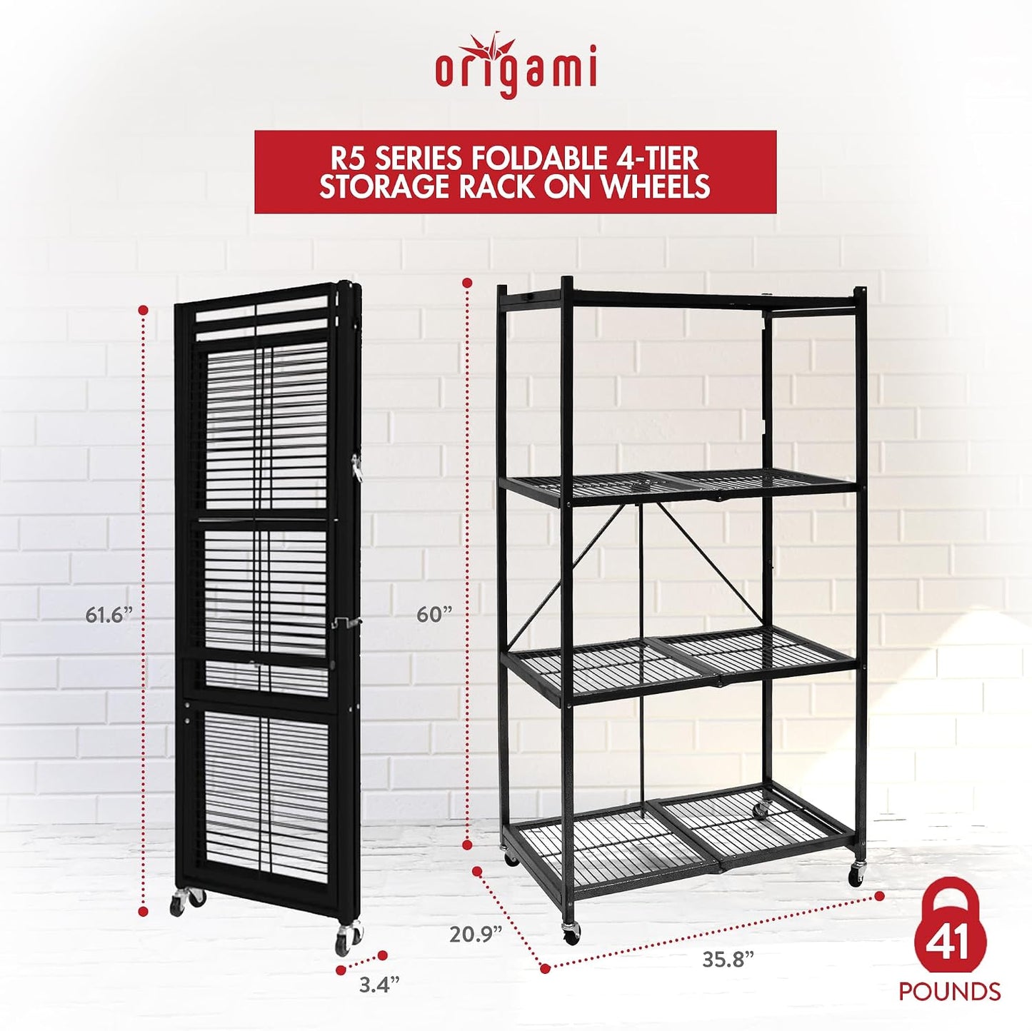 R5 4-Shelf Heavy-Duty Folding Storage Rack, Black – Large Foldable Metal Shelving Unit with Wheels for Garage, Pantry, Basement, Laundry Room or Warehouse