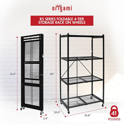 R5 4-Shelf Heavy-Duty Folding Storage Rack, Black – Large Foldable Metal Shelving Unit with Wheels for Garage, Pantry, Basement, Laundry Room or Warehouse