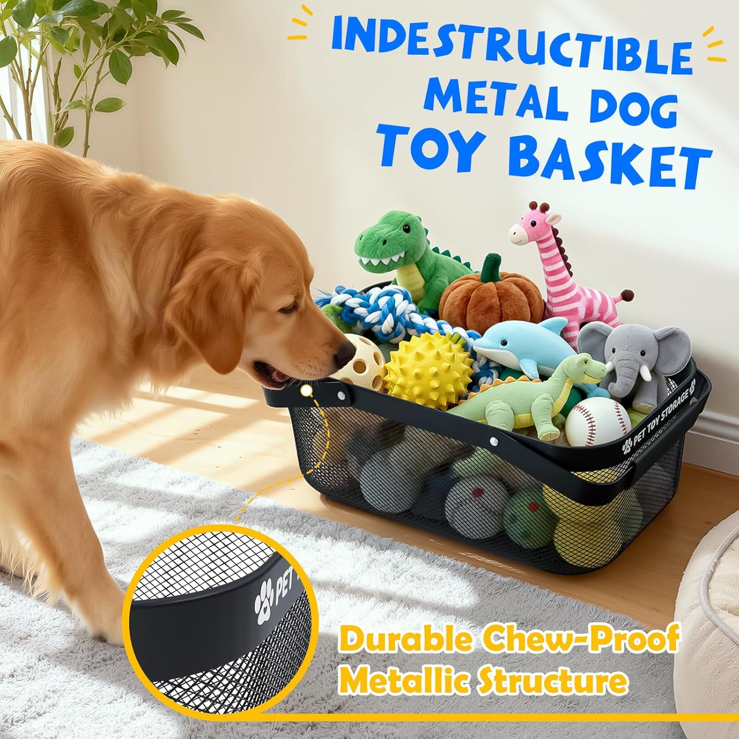 Dog Toy Basket, Metal Wire Dog Toy Storage Bin with Handles, Roomy Medium Pet Toy Organizer, Sturdy Basket for Living Room Area and Outdoor Play Toys, Black, 16" X 9.5" X 7"