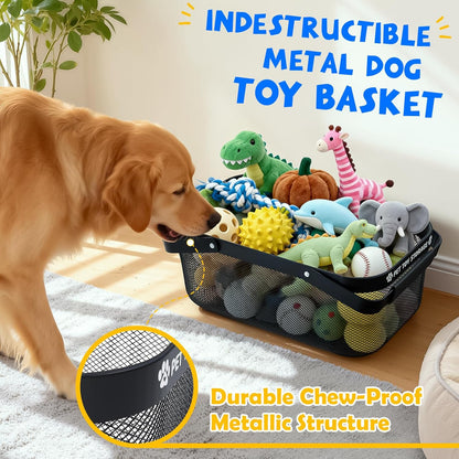 Dog Toy Basket, Metal Wire Dog Toy Storage Bin with Handles, Roomy Medium Pet Toy Organizer, Sturdy Basket for Living Room Area and Outdoor Play Toys, Black, 16" X 9.5" X 7"